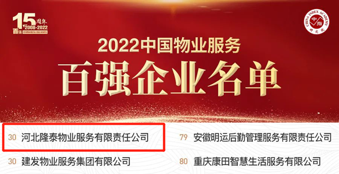 榮耀再續(xù) | 隆泰物業(yè)榮膺“中國物業(yè)服務(wù)百強(qiáng)企業(yè)”第30位！(圖2)
